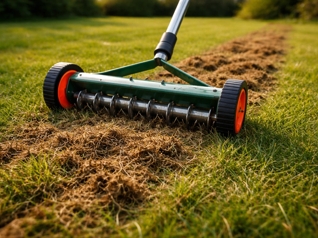 Scarification d’une pelouse : un scarificateur coupe le feutre, avec débris bruns visibles au sol.