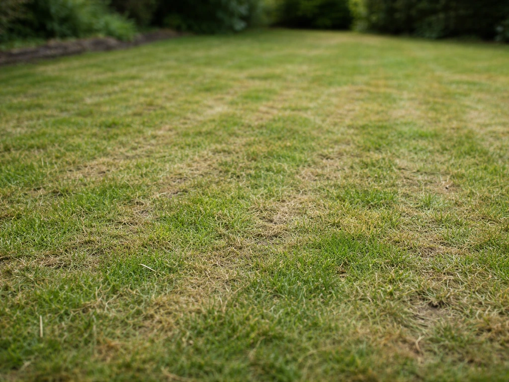 Pelouse verte avec zones éclaircies et stries de scarification récentes, jardin français au calme.