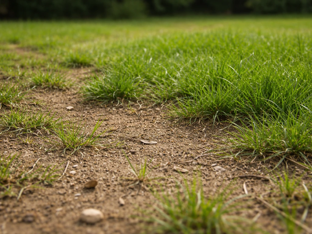 Gros plan d’une pelouse clairsemée où le sol apparaît, avec des zones plus denses à proximité.
