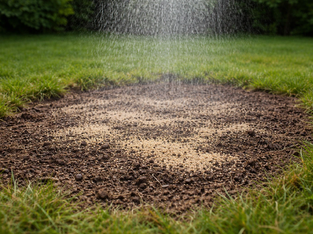 Pelouse partiellement regarnie : semences recouvertes de terreau et sable, arrosage fin en pluie