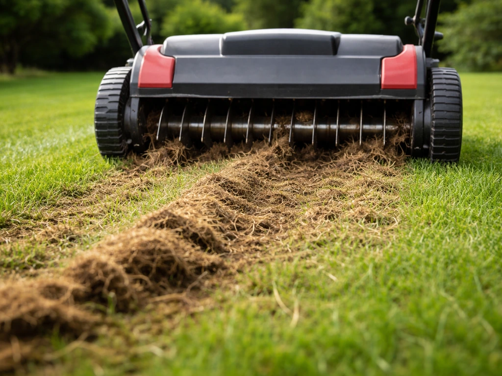 Scarificateur à lame sur une pelouse, retire le feutrage brun et rend le sol visible.