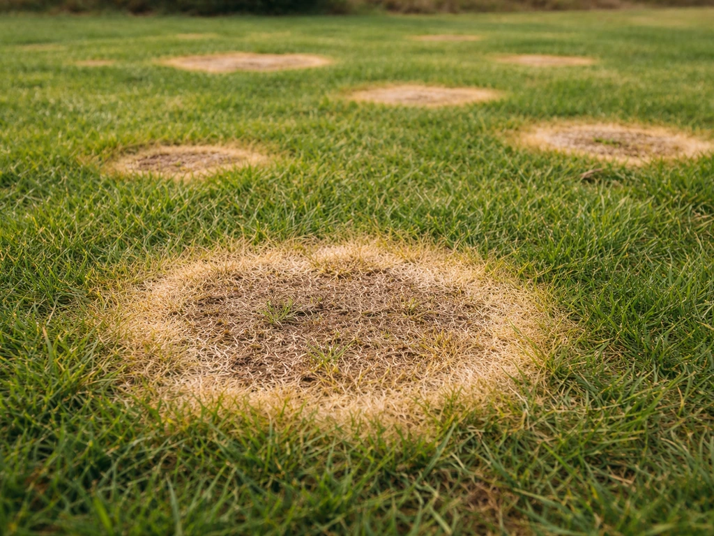 Gazon avec des plages circulaires jaunâtres et beige, typiques de la fusariose, bordures bien visibles.