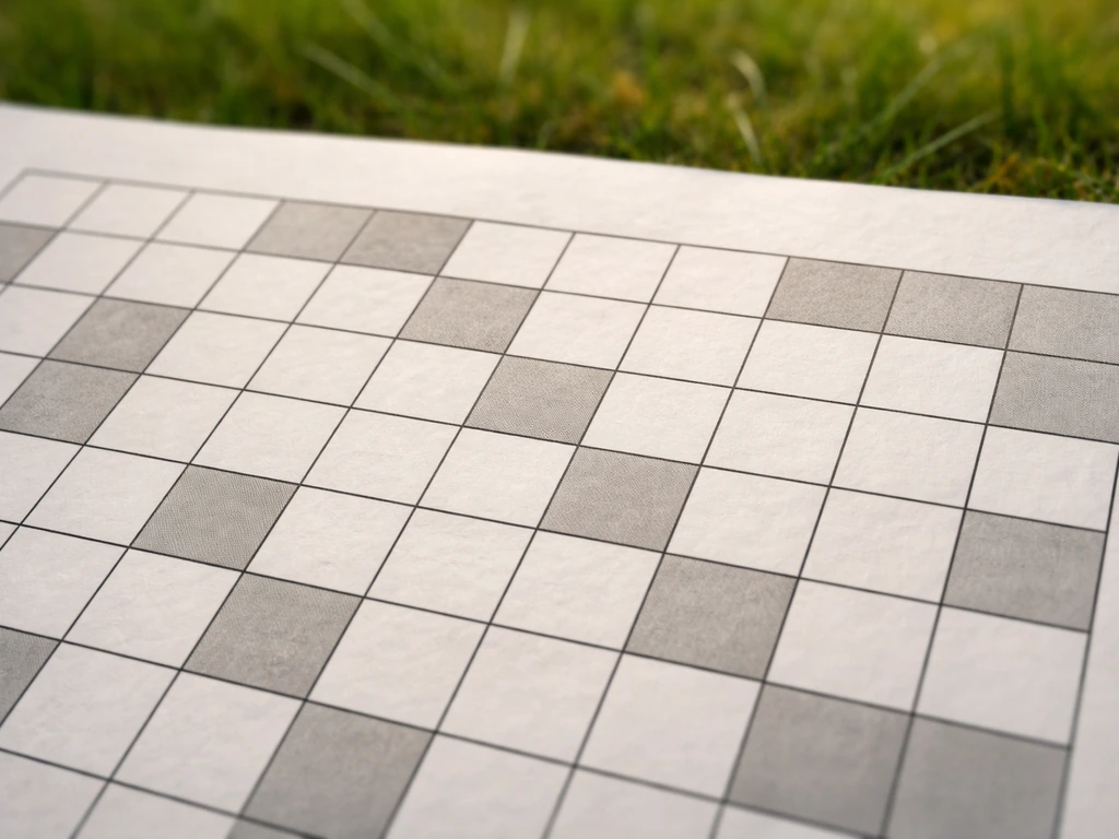 Gros plan sur une grille de mots fléchés avec cases de 5 lettres, entourée d’herbe courte floue.