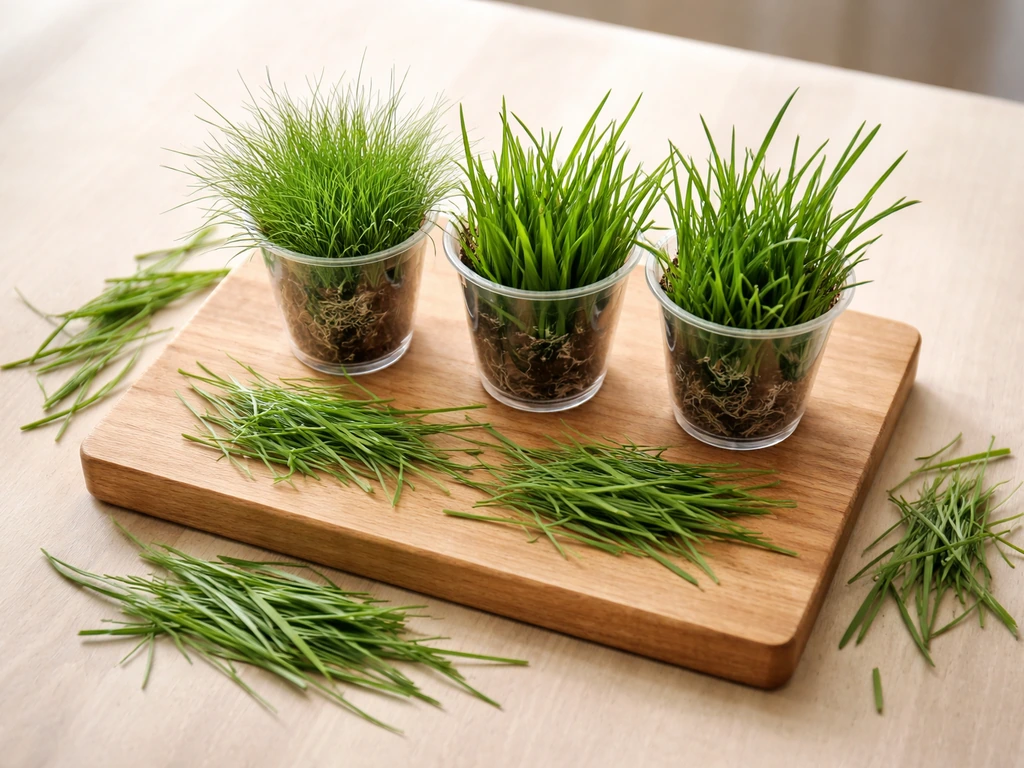 Panneau en bois avec échantillons de fétuque, ray-grass et pâturin dans de petits godets.