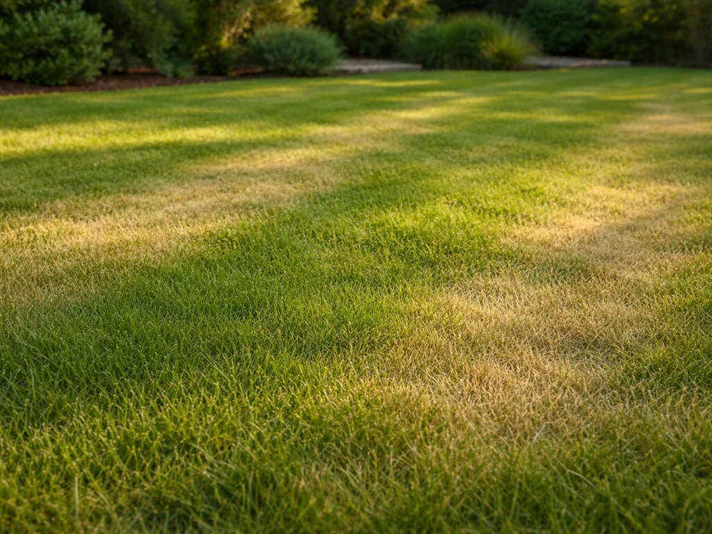Pelouse de jardin française vert pâle par endroits, contraste net avec zones vert green, avant correction.
