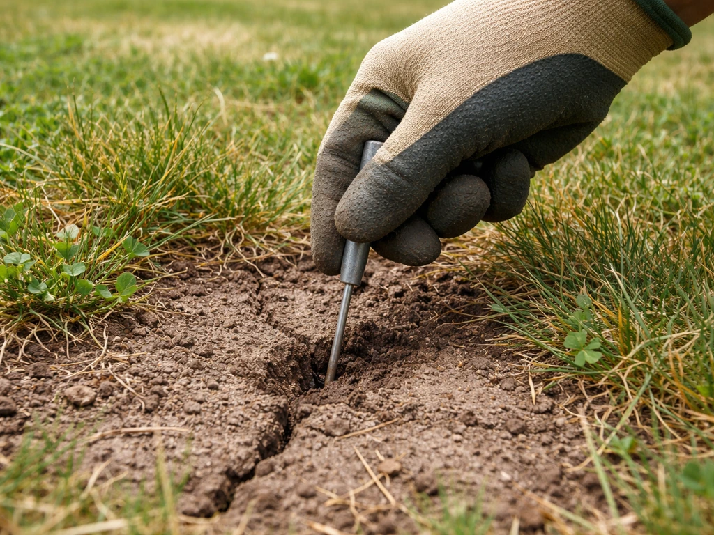 Gros plan : sonde métallique enfoncée dans le sol, sol compact et zone humide près de la pelouse.