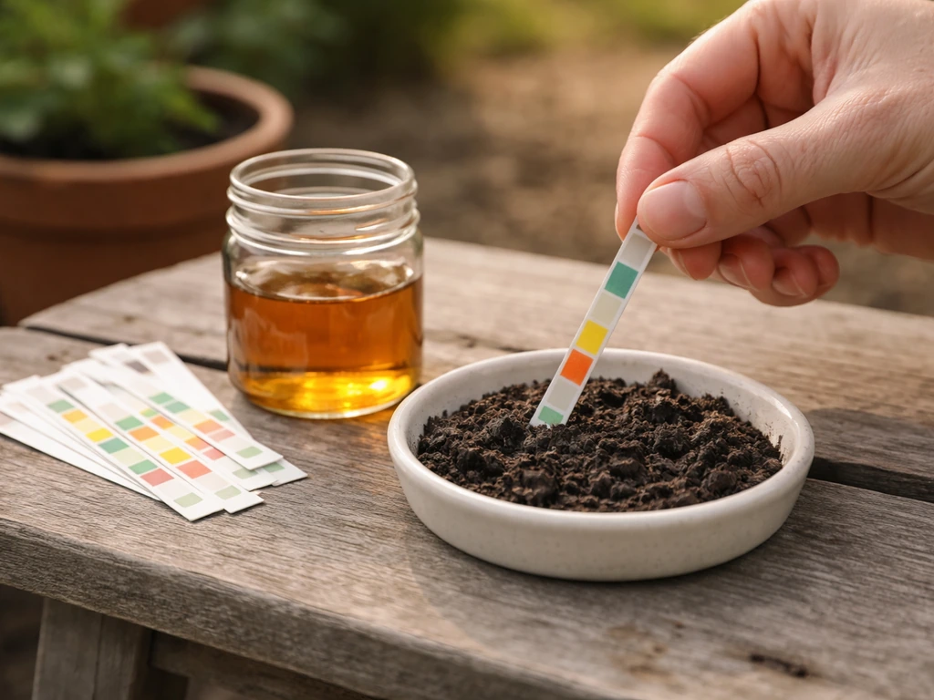 Gros plan sur un kit de test de pH du sol, bandelette tenue au-dessus d’une coupelle de terre humide.