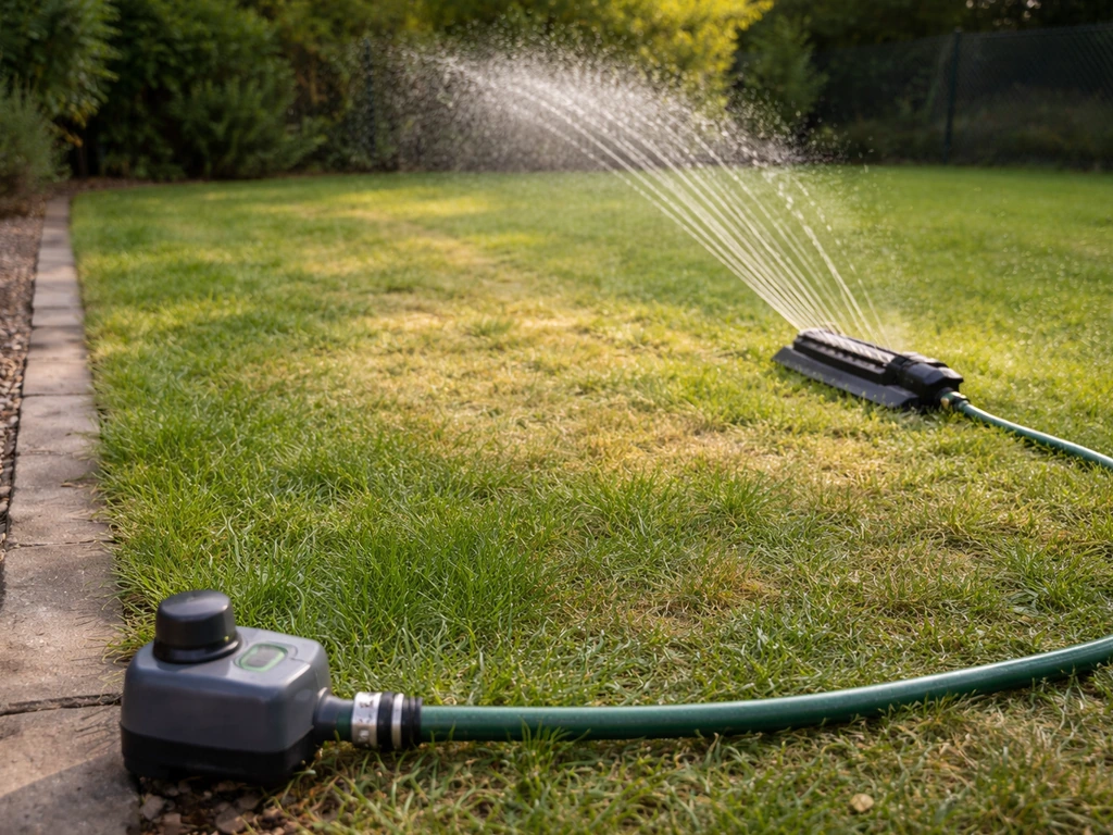 Pelouse après arrosage, arroseur avec minuteur et zones sèches qui pâlissent, ambiance jardin simple