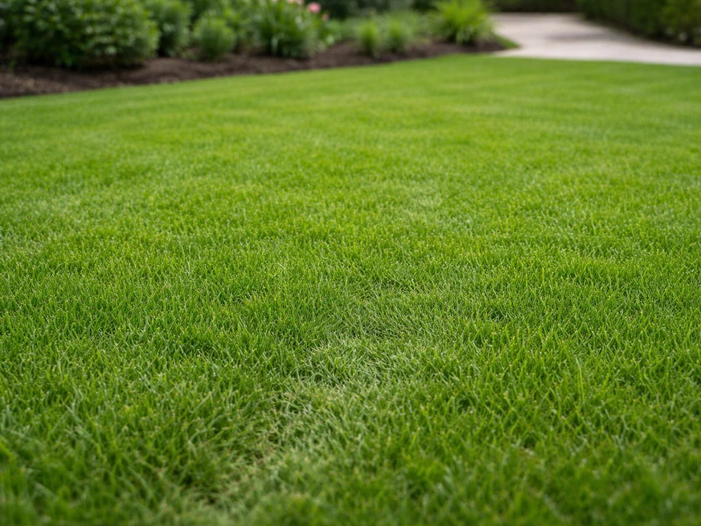 Pelouse dense et verte dans un jardin français, tonte soignée et légère trace de passage près d’une allée.