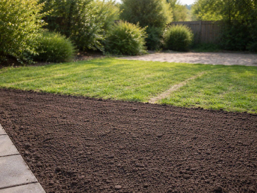 Jardin ensoleillé avec sol préparé et zones de passage, prêt à semer pour un usage régulier.