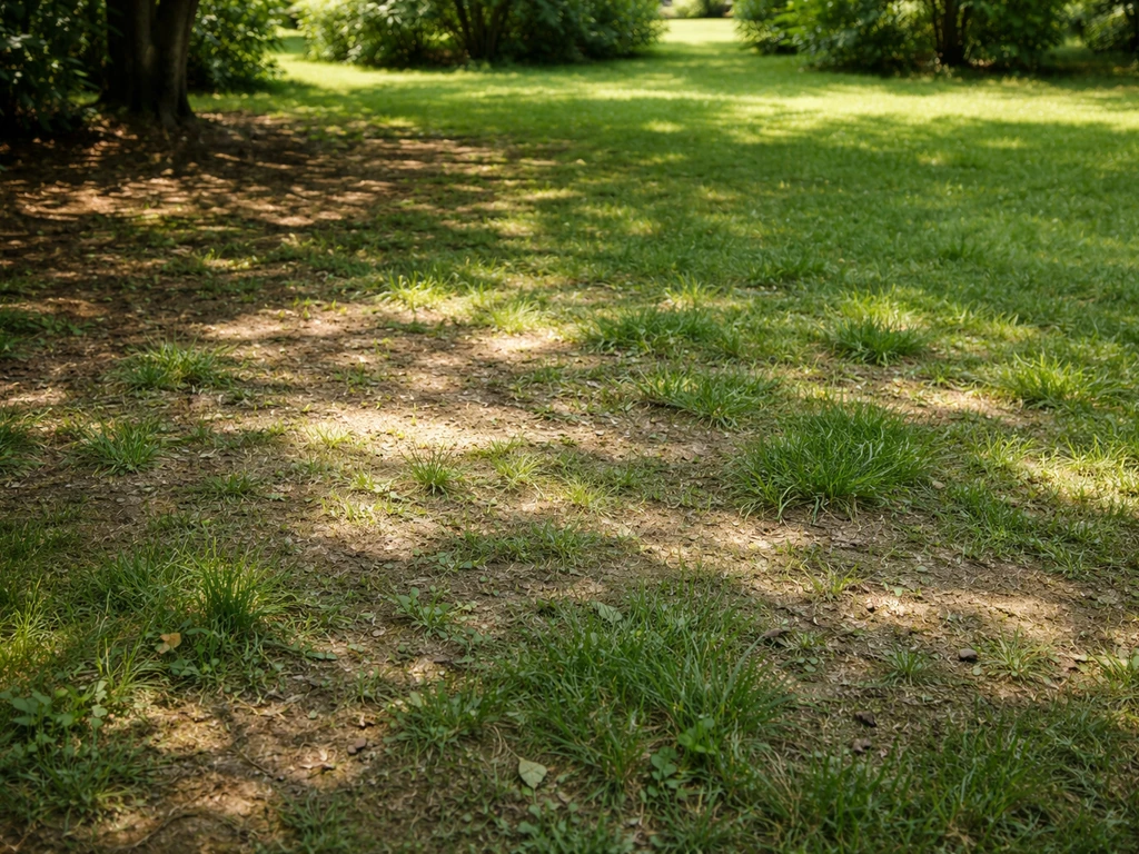 Pelouse clairsemée sous des arbres en ombre, montrant une zone moins dense et tolérante au manque de lumière.