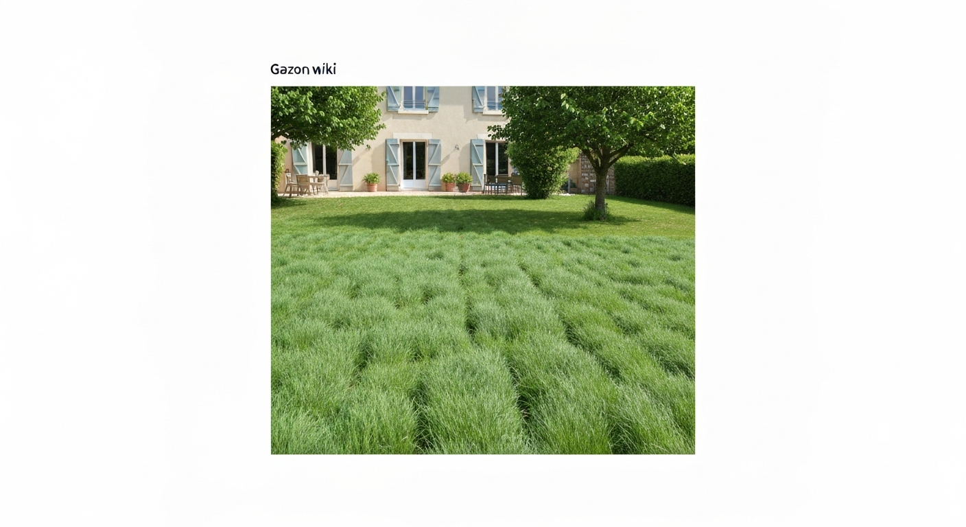 Pelouse française bien entretenue au petit matin, vue rasante avec maison en arrière-plan
