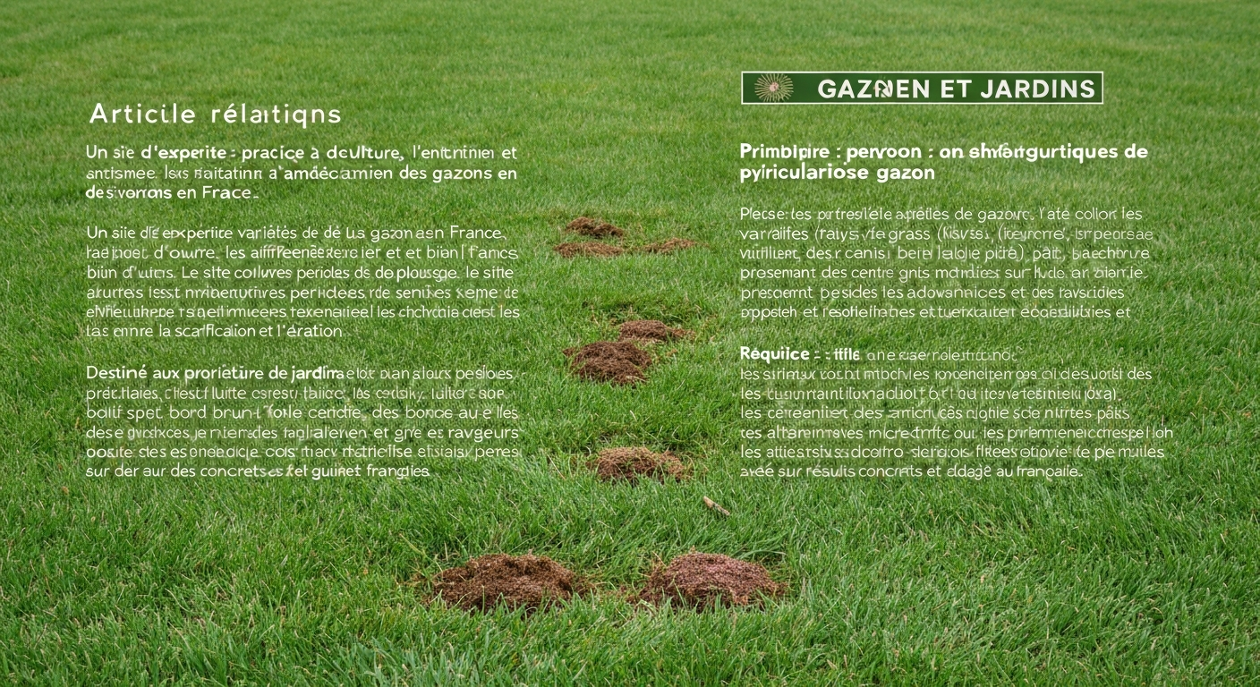 Pelouse en été avec plaques brun-gris et brins de ray-grass montrant taches grises caractéristiques de la pyriculariose, matinée rosée.