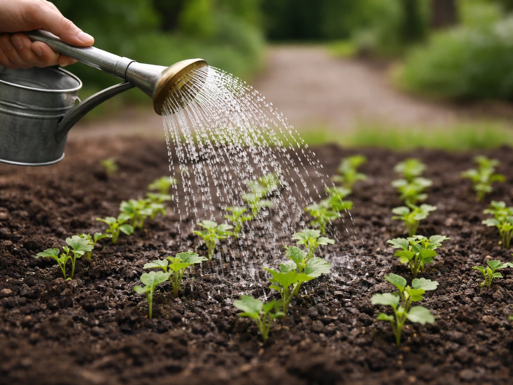 Pluie fine d’arrosage sur des jeunes pousses et sol humide, main tenant un arrosoir de jardin.