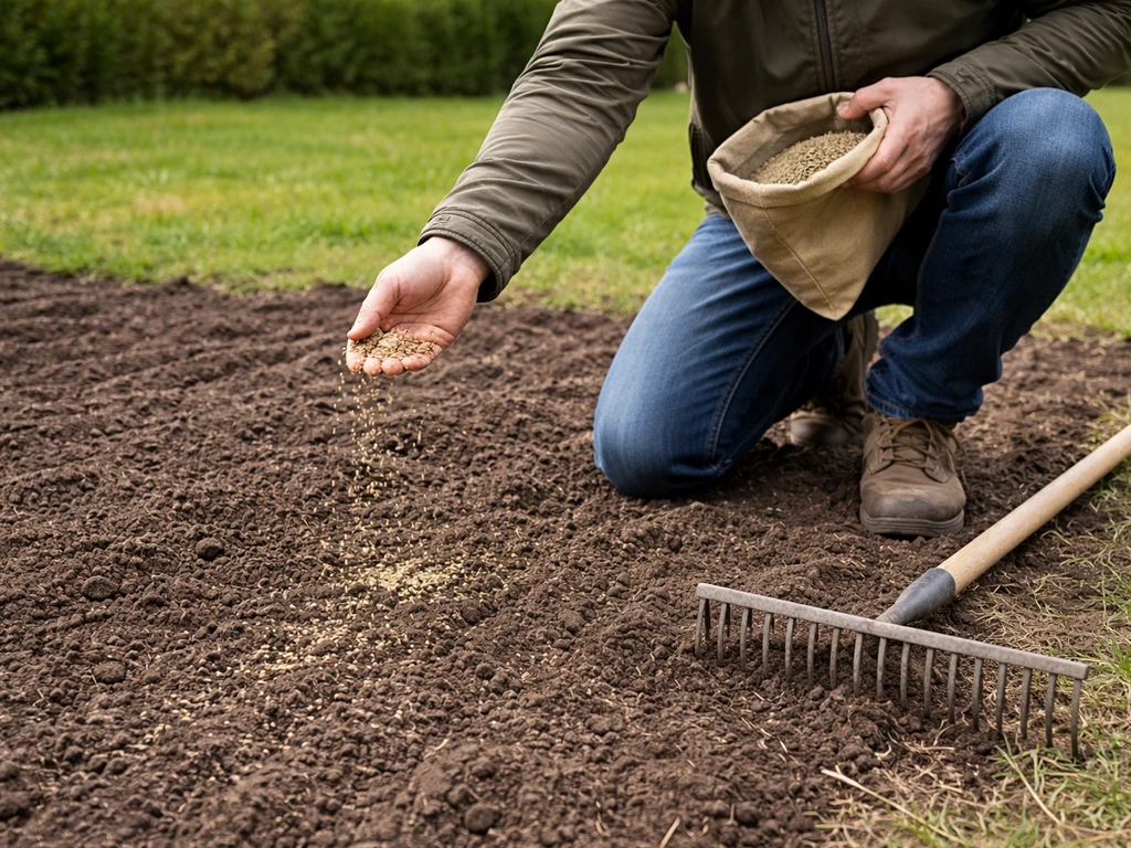 Semences de gazon distribuées sur une zone scarifiée, avec râteau au sol dans un jardin.