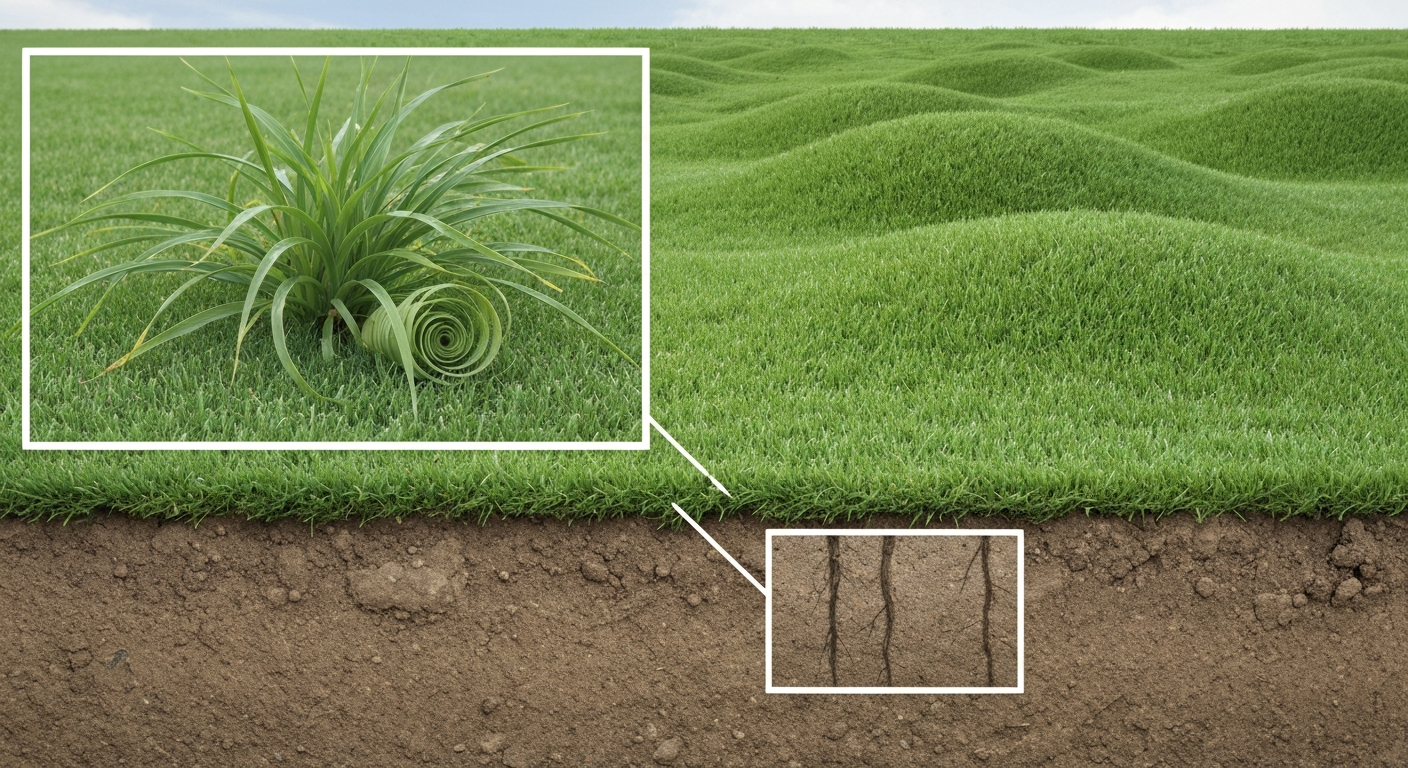 Pelouse de Festuca arundinacea en plan rapproché montrant une touffe de feuilles larges et une coupe de sol révélant des racines profondes