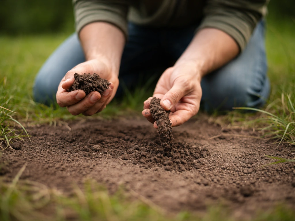 Une main tient de la terre en faisant un test de boudin pour évaluer sa texture et sa compaction.