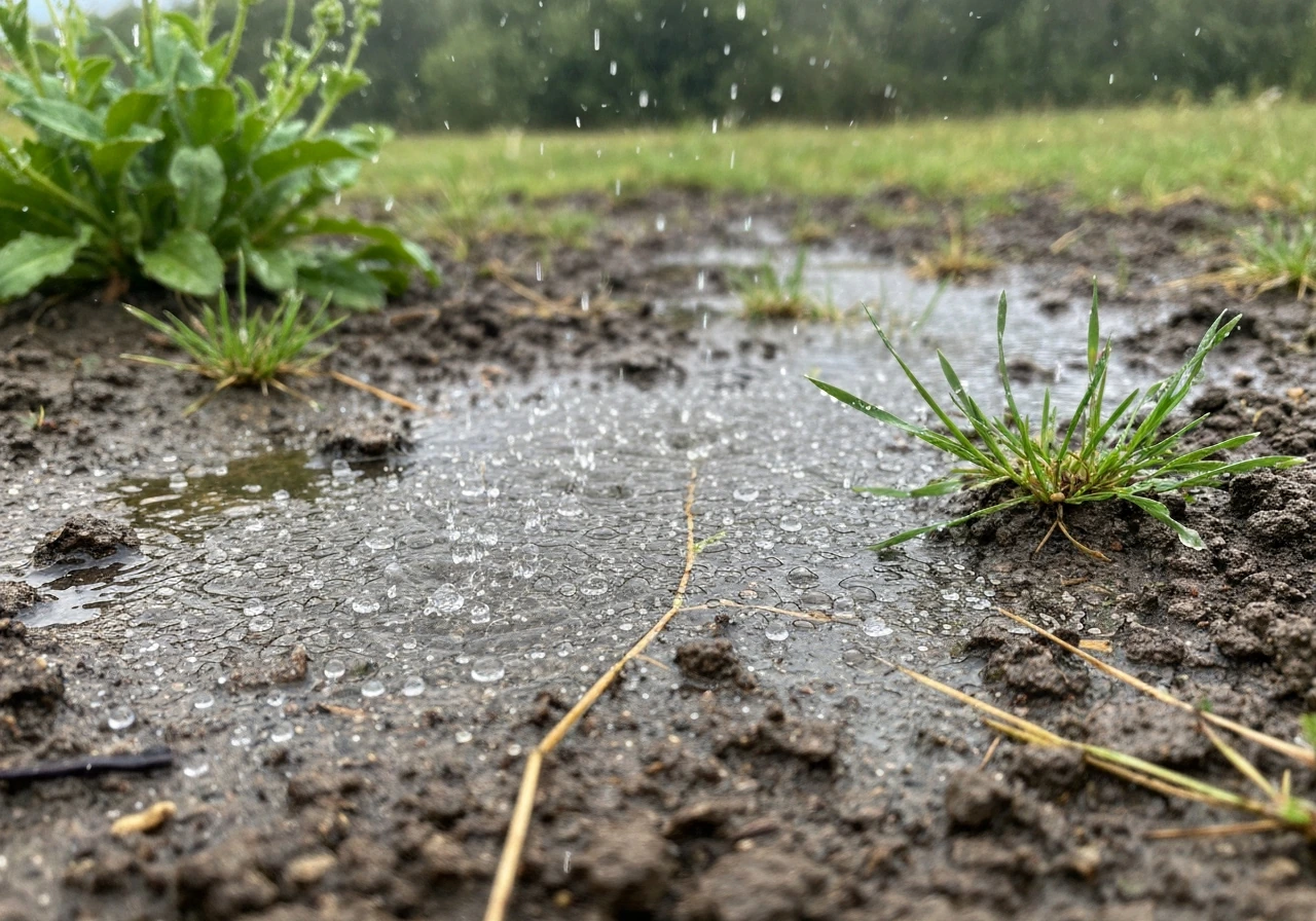 Pelouse après la pluie : flaques qui perlent puis s’absorbent, sol sombre révélant un drainage à vérifier.