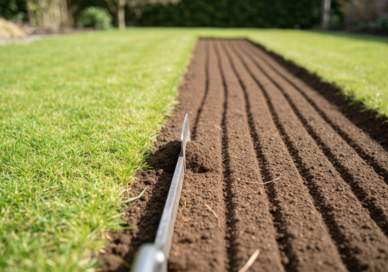 Scarification d’un gazon : lame retire le feutre, bandes de terre visibles et sol décompacté