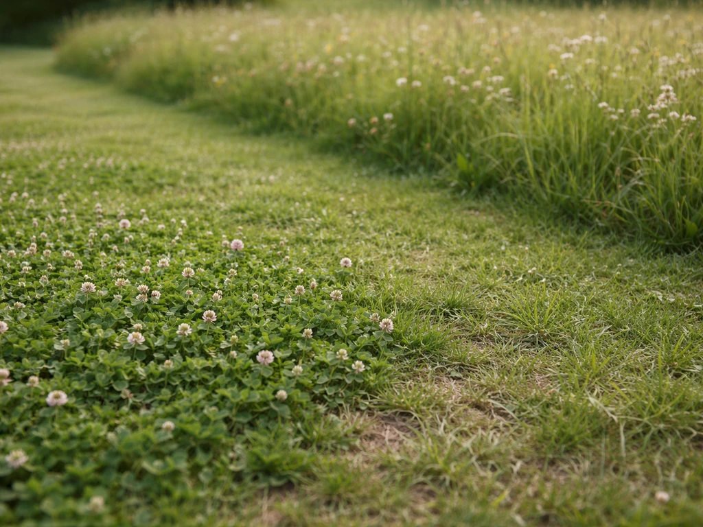 Pelouse mêlée de micro-trèfle et petites fleurs, aspect naturel, sol et bordure simples, sans personnes.