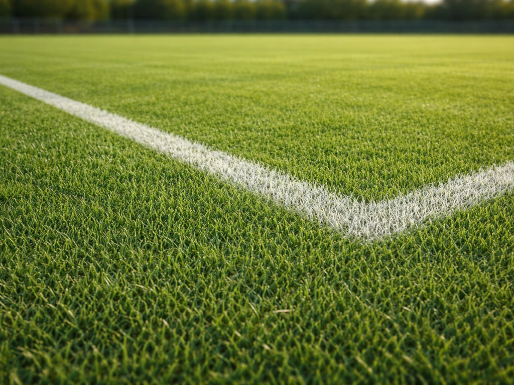 Gazon de terrain de foot dense et homogène, marquage discret, vue au ras du sol.