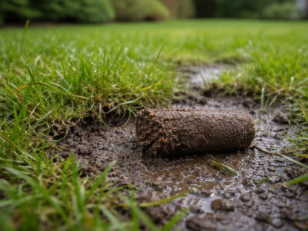 Turf spongieux et compacté après arrosage, avec un carottage d’aération voisin montrant la structure