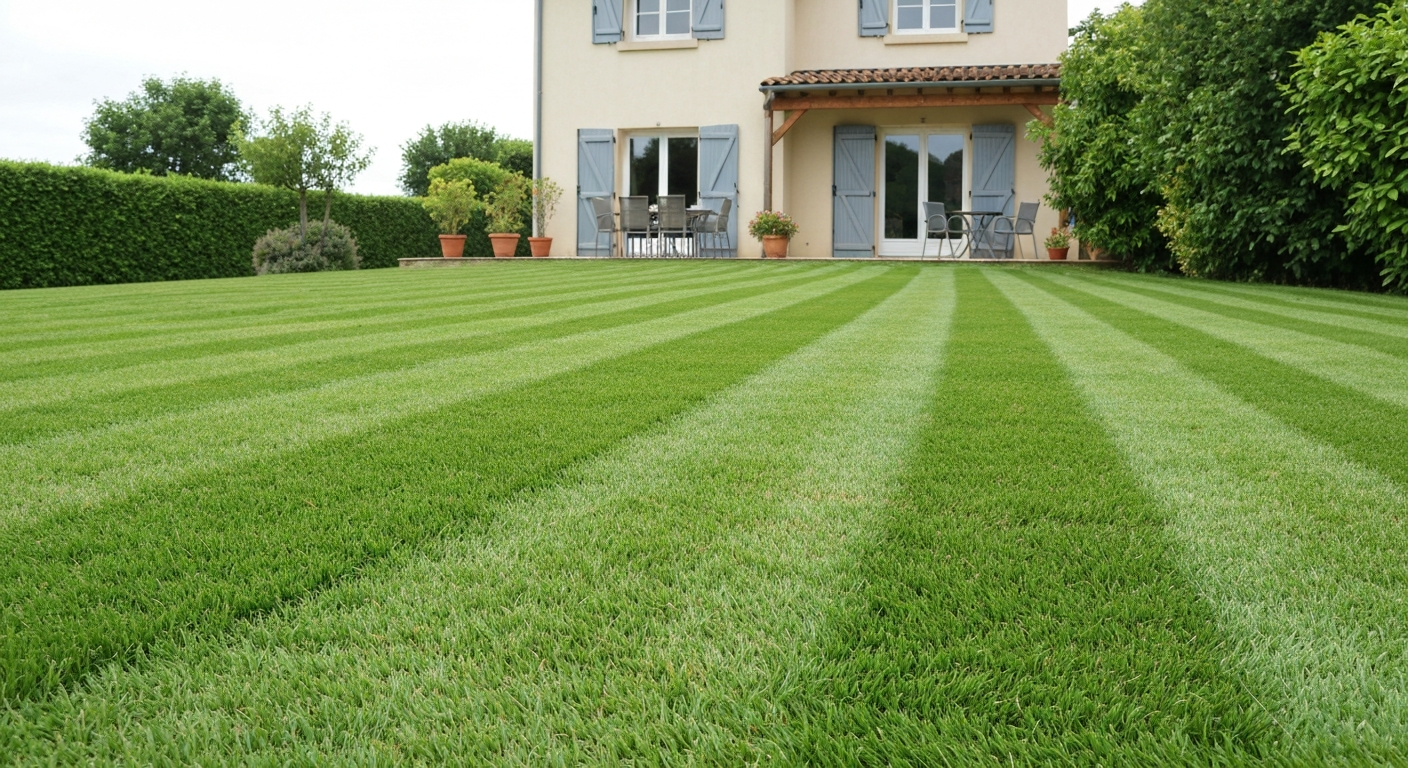Pelouse courte et dense (~20 mm) avec bandes de tonte régulières devant une maison de style français, lumière du matin, gros plan sur la texture de l'herbe.