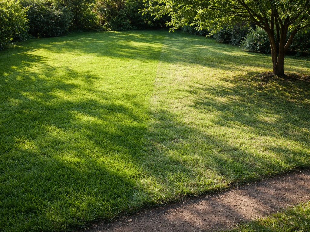 Pelouse française divisée : zone au soleil dense et zone à l’ombre plus claire, jardin résidentiel discret.