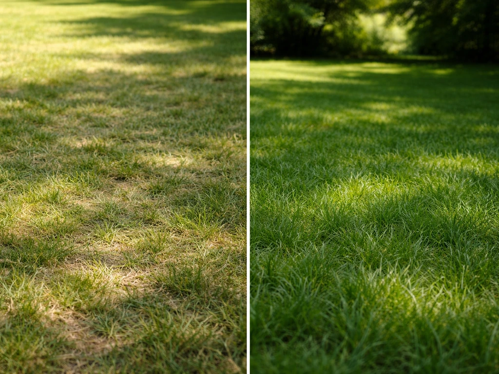 Comparaison de deux pelouses : zone en plein soleil piétinée et zone ombragée plus verdoyante.