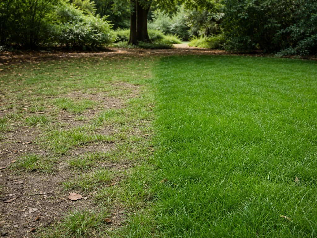 Pelouse sous des arbres : zone claire et clairsemée puis zone plus dense, vue réaliste en extérieur.