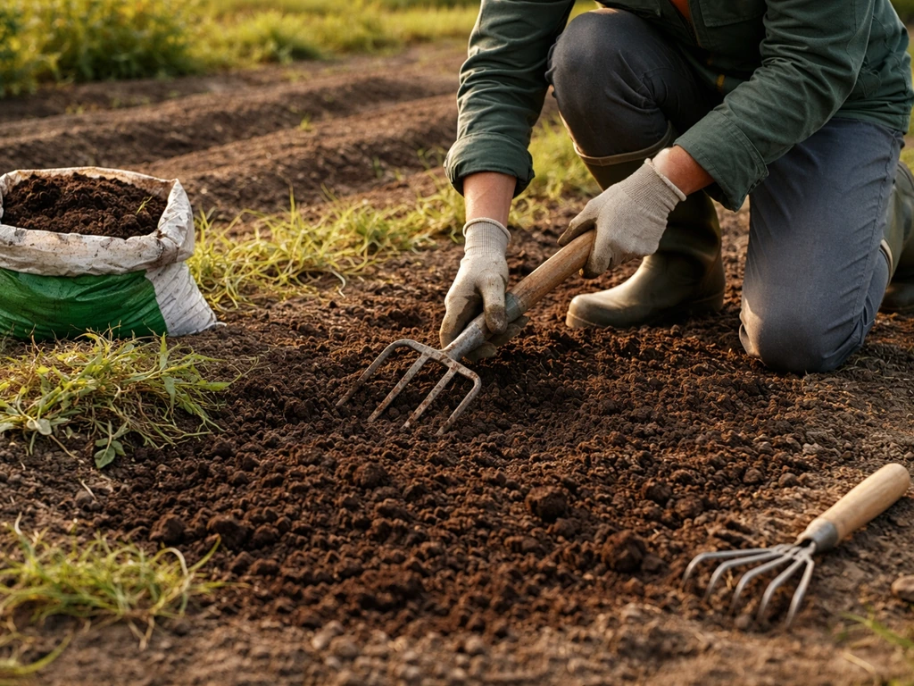 Zone de potager préparée : désherbage et bêchage près du sol, terre fine, terreau et râteau au premier plan.