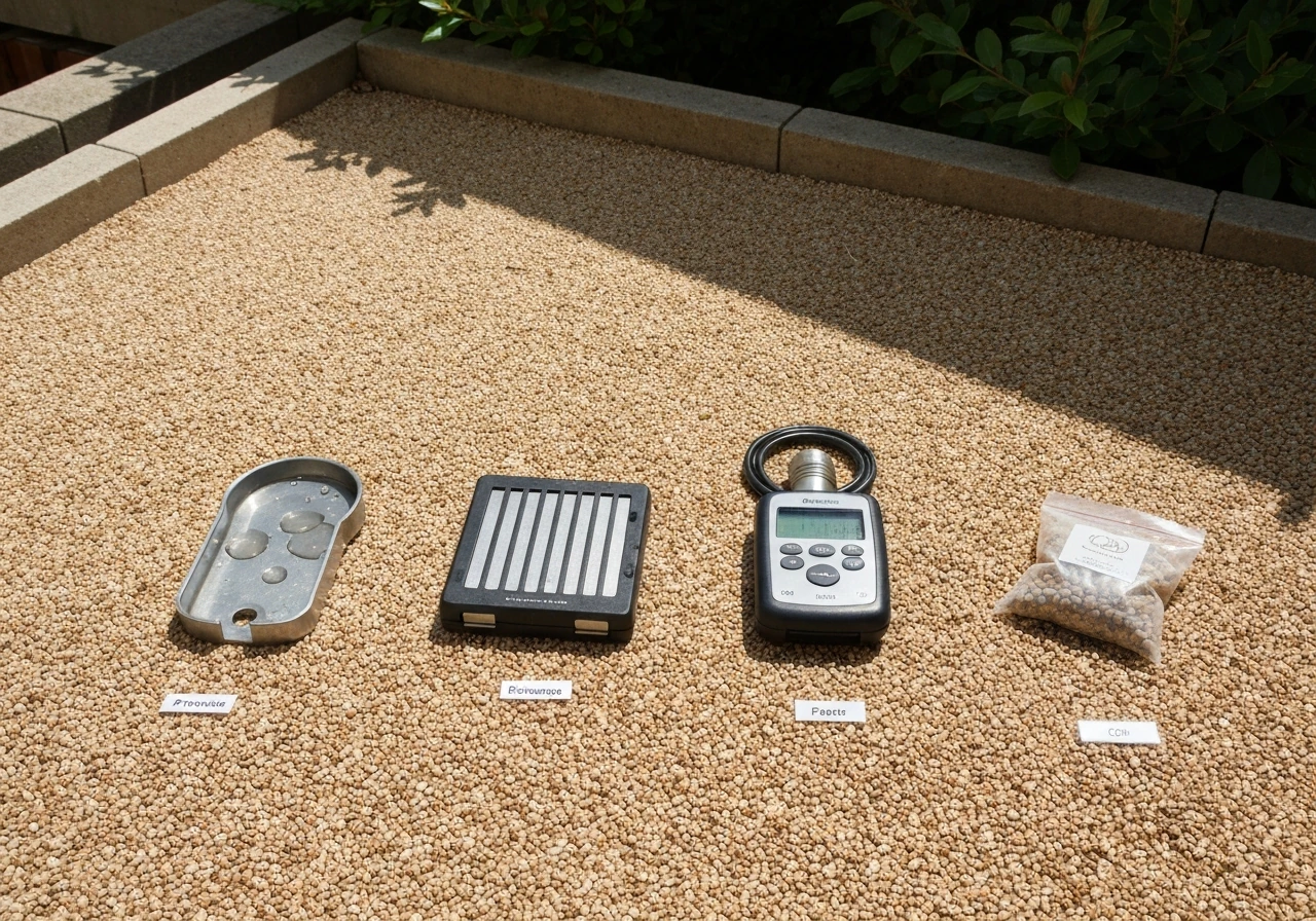 Pelouse avec zone à l’ombre, arrosoir et programmateur à côté, sachet d’engrais au sol, photo de jardin.
