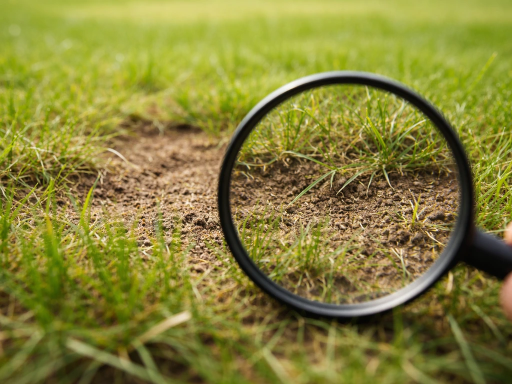 Gros plan de brins de gazon et terre avec une loupe pour inspecter la pelouse
