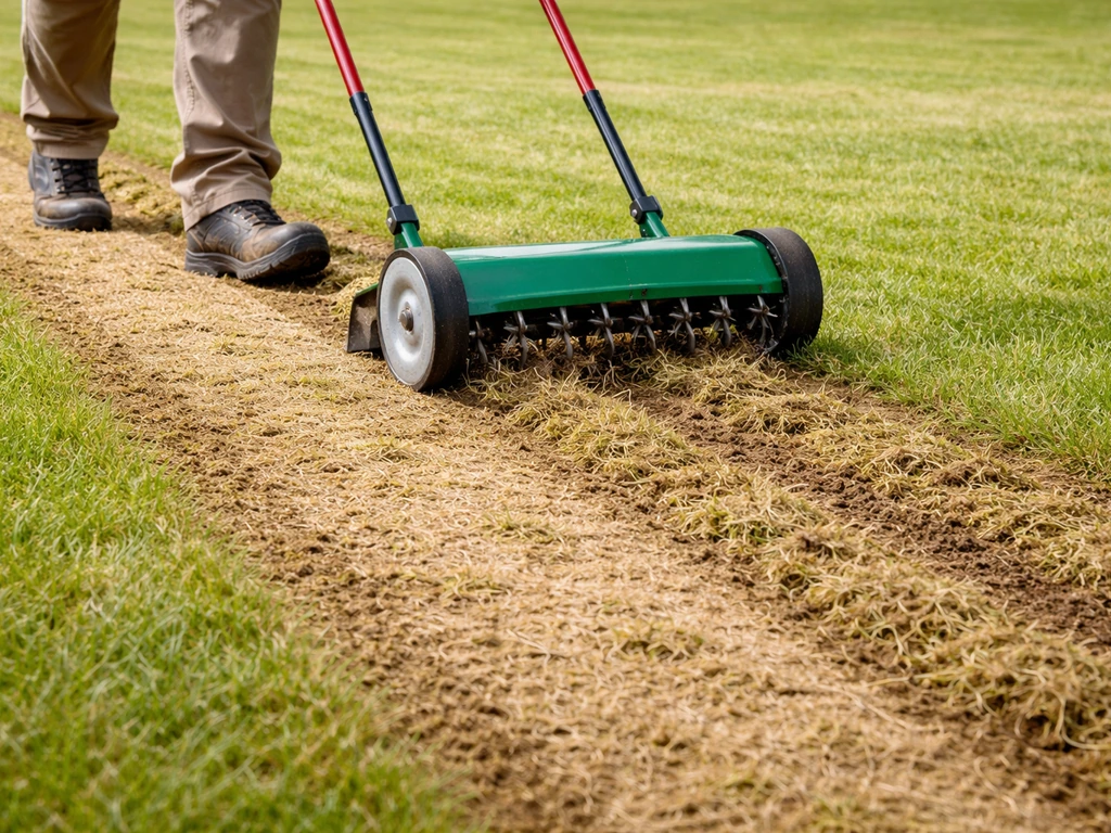 Scarification d’une pelouse : couteaux qui grattent le feutre et sol décompacté, prêt pour le semis.