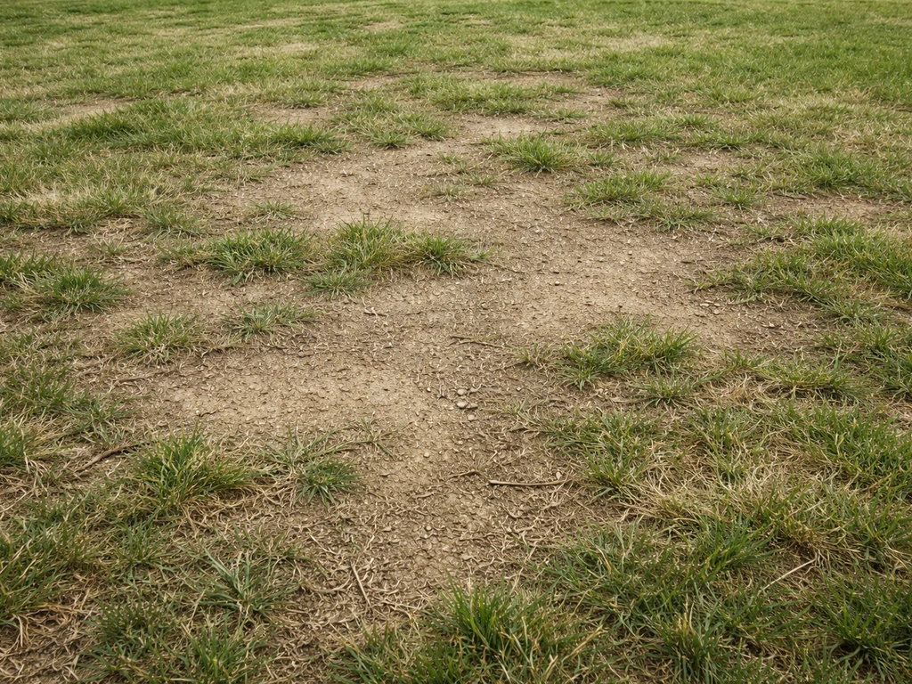 Pelouse avec zones brunes clairsemées, herbe manquante et sol visible.