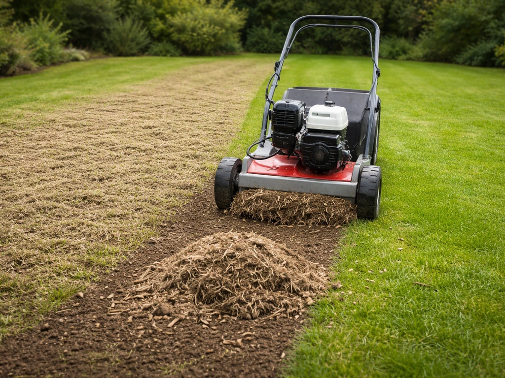 Scarification d’une pelouse : retrait du feutre gris et sol fraîchement dégagé en avant/après dans le même cadrage.