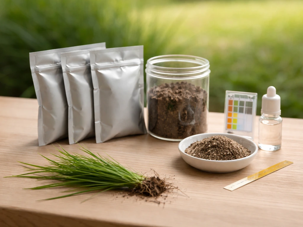 Gazon illustré: sachets de semences, échantillon de sol et test de pH sur une table près d’un brin d’herbe.