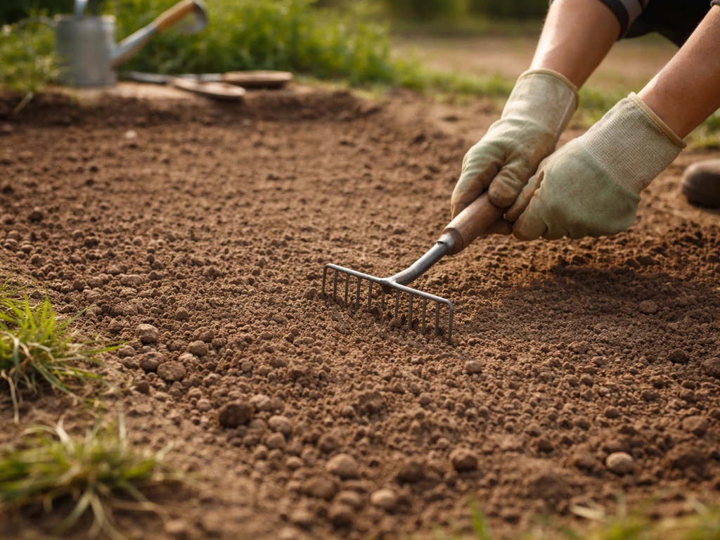 Un jardinier prépare une planche de semis : terre émiettée, désherbage, bêchage et ratissage.