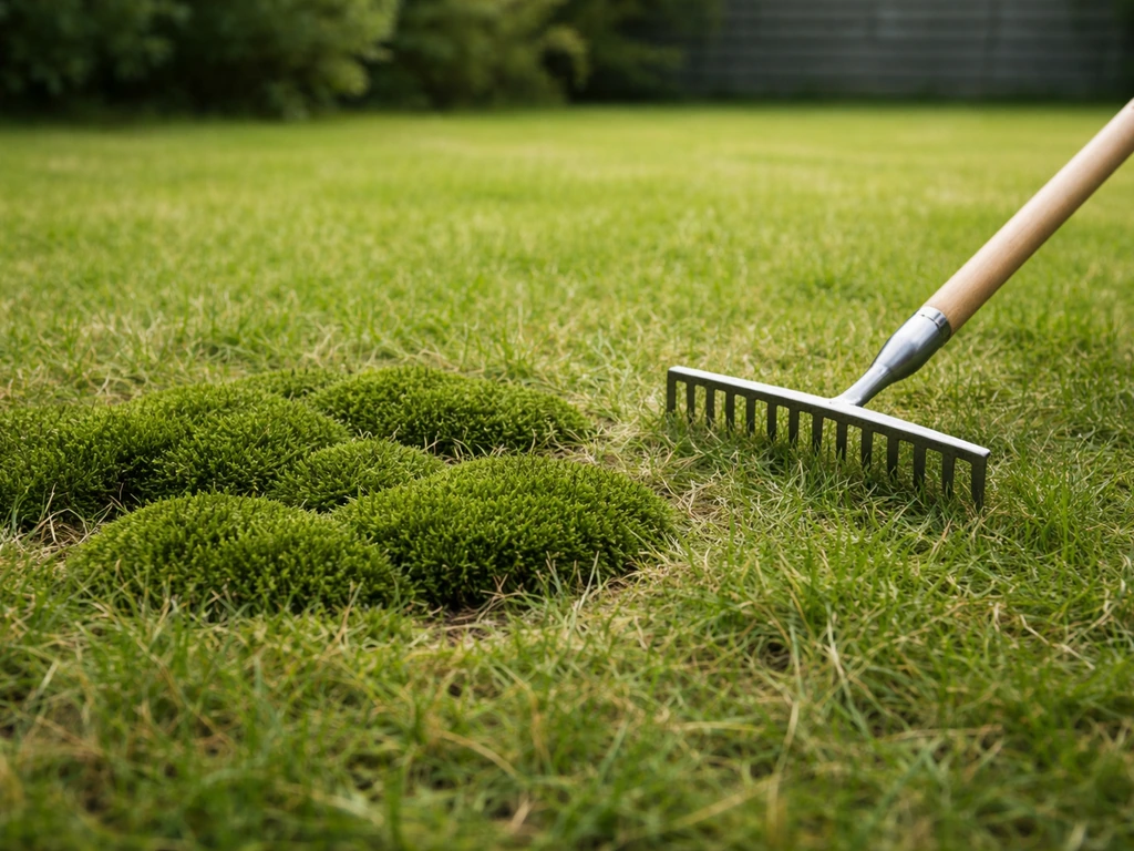 Pelouse avec plaques de mousse et un râteau de jardin posé pour inspecter la zone.