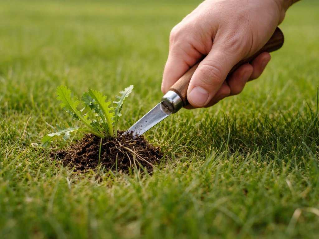 Main en train d’arracher une mauvaise herbe isolée sur une pelouse avec une gouge de désherbage de précision.