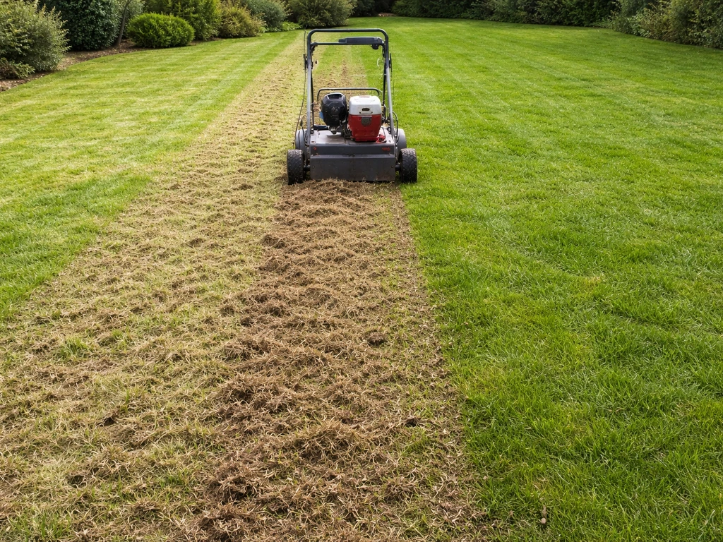 Pelouse avant/après scarification : scarificateur à lames tiré, zones sombres scarifiées visibles