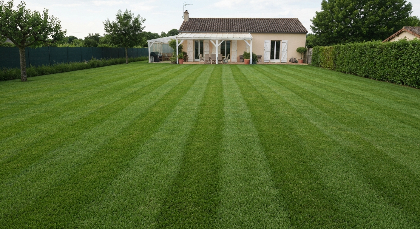 Pelouse dense et uniforme d'environ 100 m² dans un jardin pavillonnaire français, lumière douce de fin d'après‑midi, haie et maison en arrière‑plan floue.