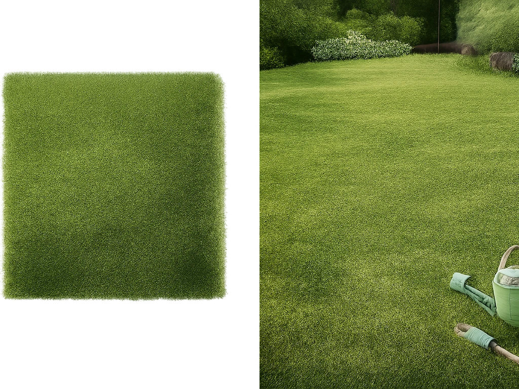 Côté à côté : texture de gazon PNG sur fond clair et photo réaliste d’une pelouse à entretenir dans un jardin