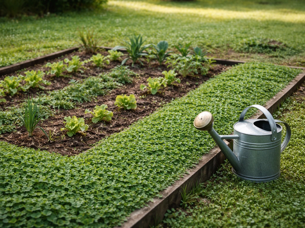 Parcelle de micro-trèfle vert avec bordures nettes et arrosoir au sol, jardin minimal.