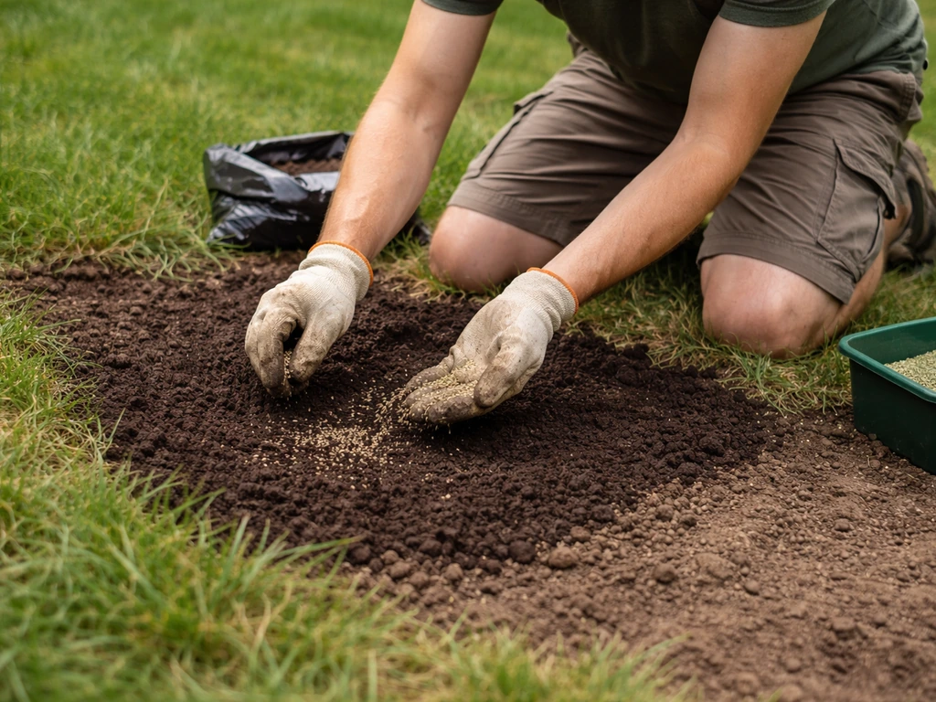 Mains à genoux dans le jardin : regarnissage localisé sur une zone de pelouse dénudée avec terreau et graines.