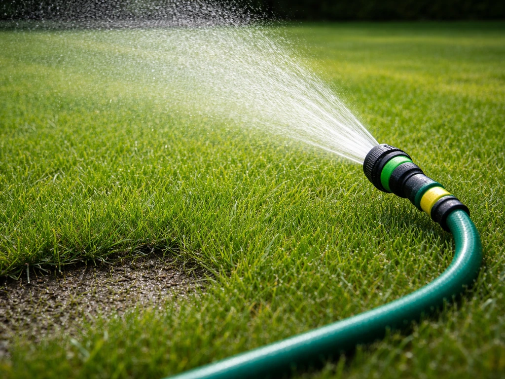 Arroseur en action : pelouse humidifiée en profondeur, sol plus sombre au pied des brins d’herbe.