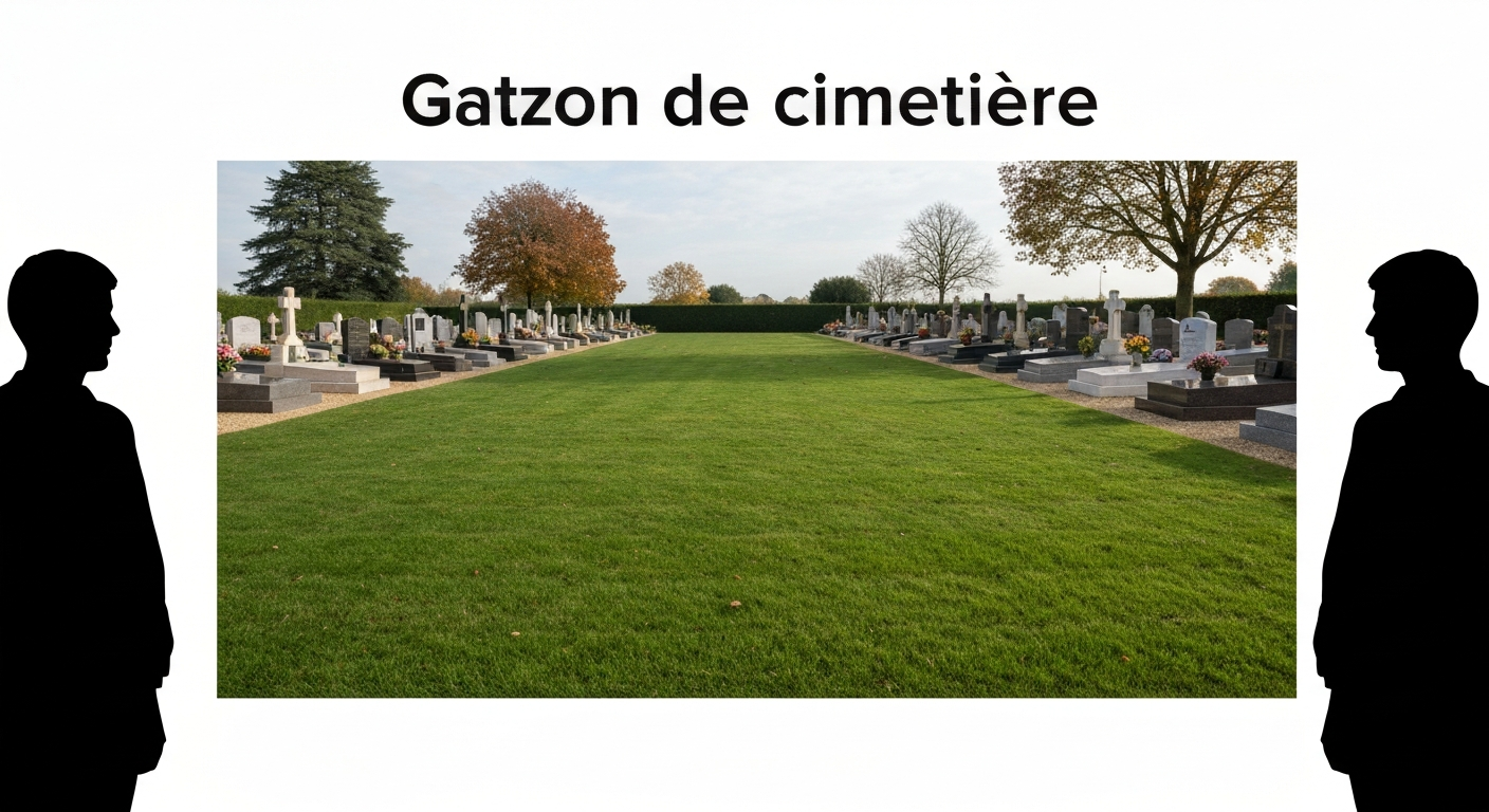 Pelouse de cimetière française bien entretenue entre tombes et arbres, lumière douce du matin