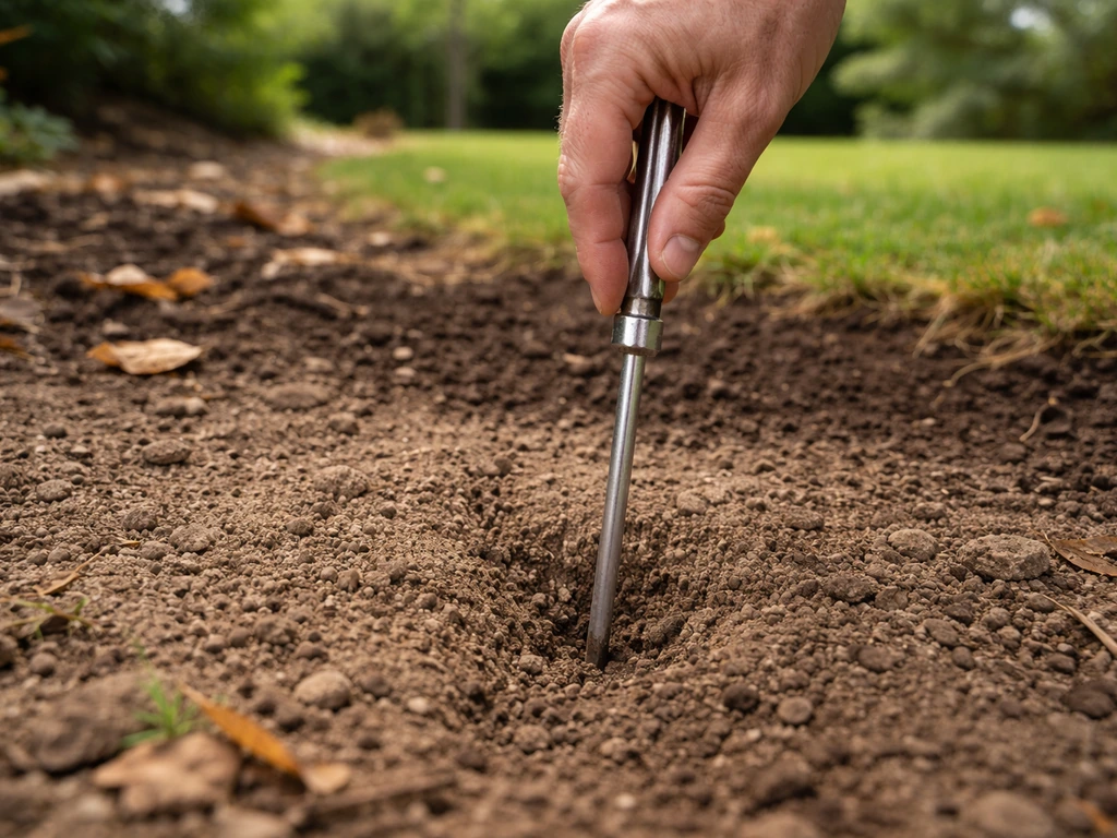 Main enfonçant un tournevis dans le sol pour tester l’humidité, zones de terre sèche et humide visibles.