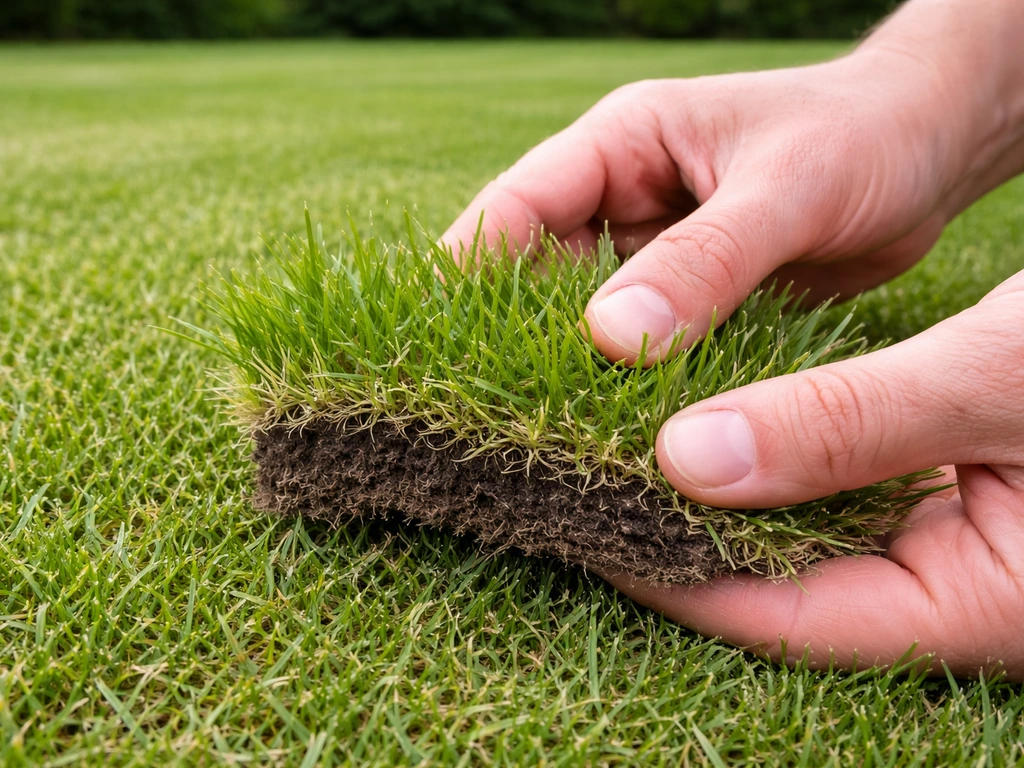 Gros plan d’une touffe de gazon tirée, révélant la texture et une éventuelle couche de feutre au sol.