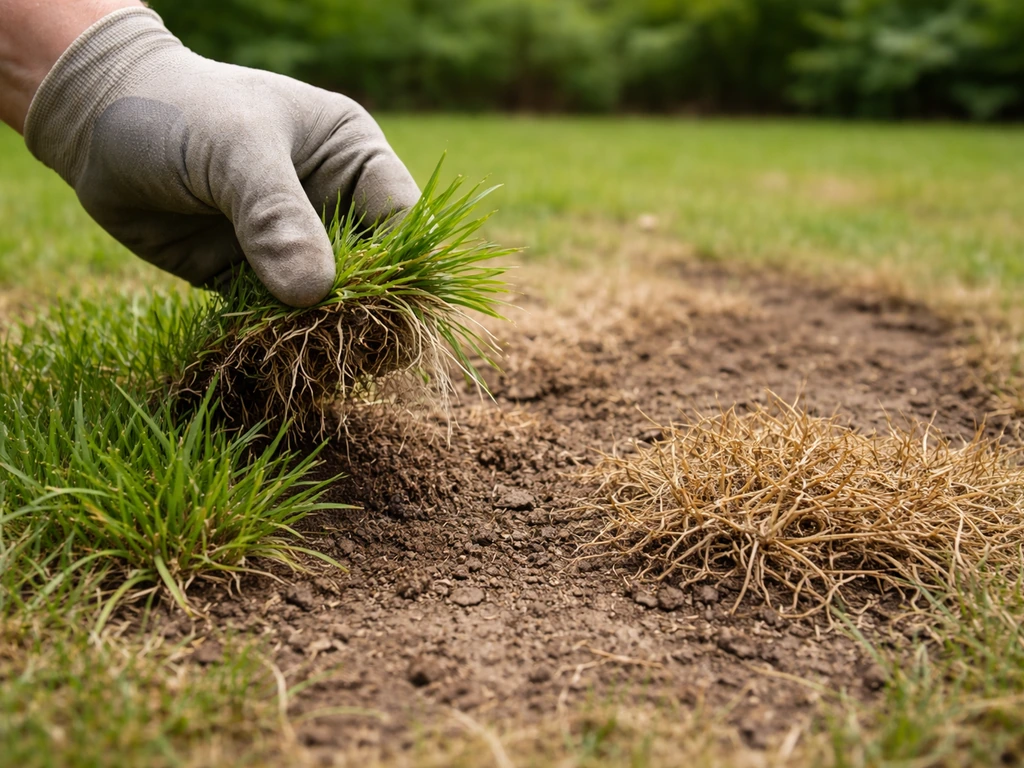 Jardinier tirant une touffe de gazon d’une zone brûlée, montrant racines vivantes ou végétation sèche.
